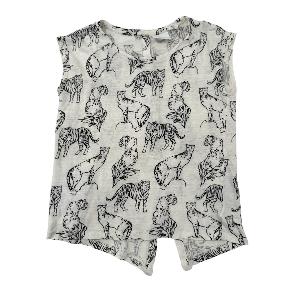 Linen Safari Cat Print Button Back Tank Top Women’s Medium Art Graphic Whimsical - Picture 2 of 10